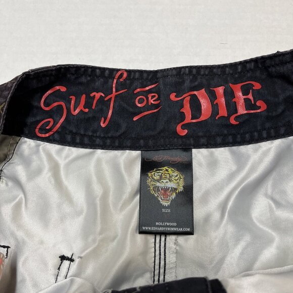 Y2K Ed Hardy Surf or Die Swim Trunks Board‎ Shorts Mens 32 Tattoo Skull Tiger - Picture 7 of 10